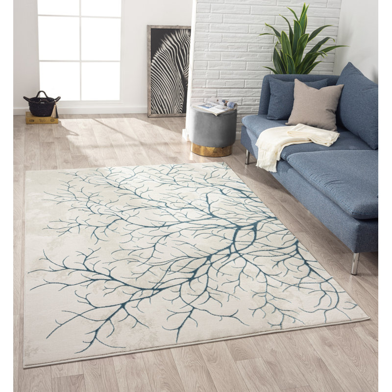 Tapis abstrait bleu / gris clair Ksamil, Rectangle 5 pi 2 po x 7 pi 2 po