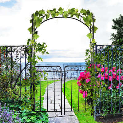 85.73" H Metal Garden Arch With Gate - For Gardens And Wedding Decoration, Black Quality Decorative For Wedding, Element