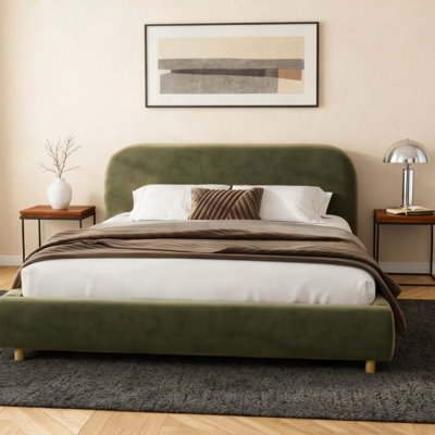 King Size Platform Bed with Velvet Fabric, Upholstered Platform Bed with Curve-Shaped Design Headboard, Olive Green
