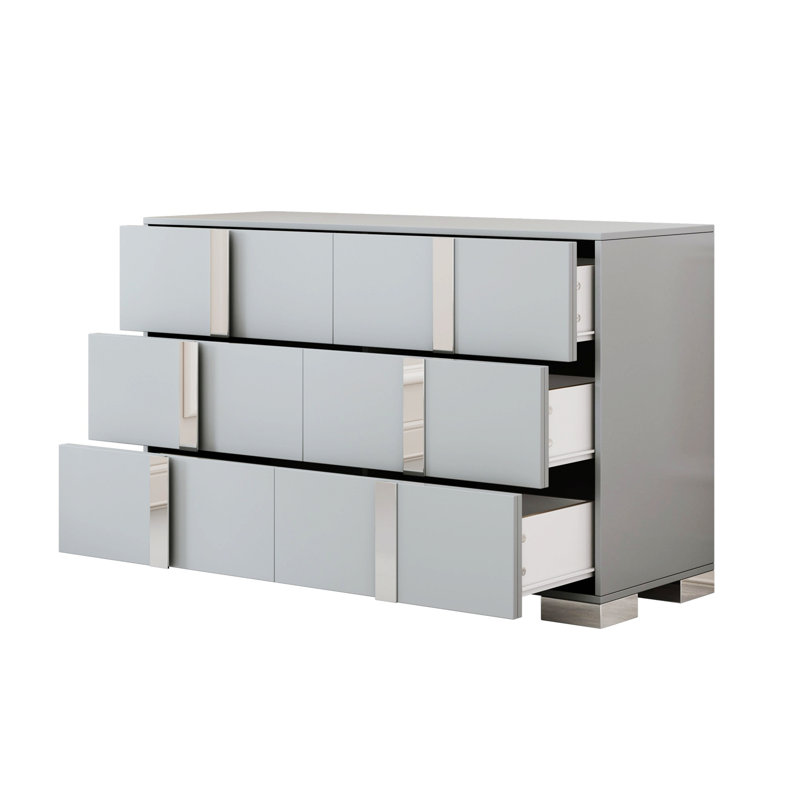 Commode moderne avec poignée en métal, commode de rangement à miroir avec 6 tiroirs pour chambre à coucher, salon, Gris