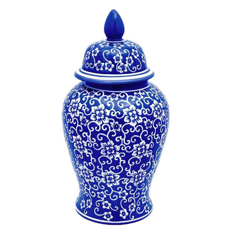 Pot de temple chinois intemporel, Fleurs bleue, 18"