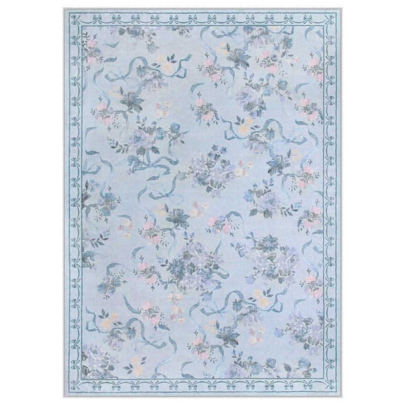 Boho Non-Slip Floral Washable Indoor Area Rug, Blue, Rectangle 5' x 7'