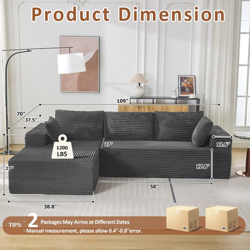 109" Corduroy Sleeper Sofa, Modular Compression Sectional Sofa Bed with Pillows, No Assembly Required, Gray
