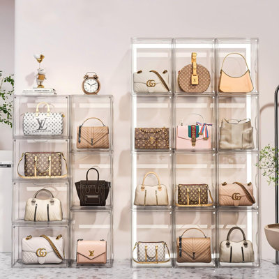 Organisateur de sac à main pour placard, rangement pour sacs à main, vitrine en acrylique transparent pour objets de collection, bacs de rangement empilables avec couvercle magnétique pour figurines, poupée, sac, très grand