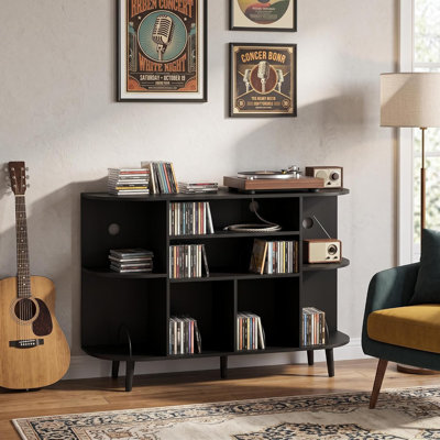 47.2" Record Player Stand with Vinyl Record Storage, Mid-Century Modern Turntable Cabinet with 7"/10"/12" Album Holder, Media Storage Console for Living Room