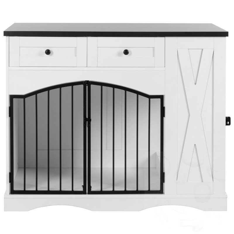 Cage pour chien avec 3 tiroirs, chenil d'intérieur en bois avec mangeoire amovible, Noir / blanc