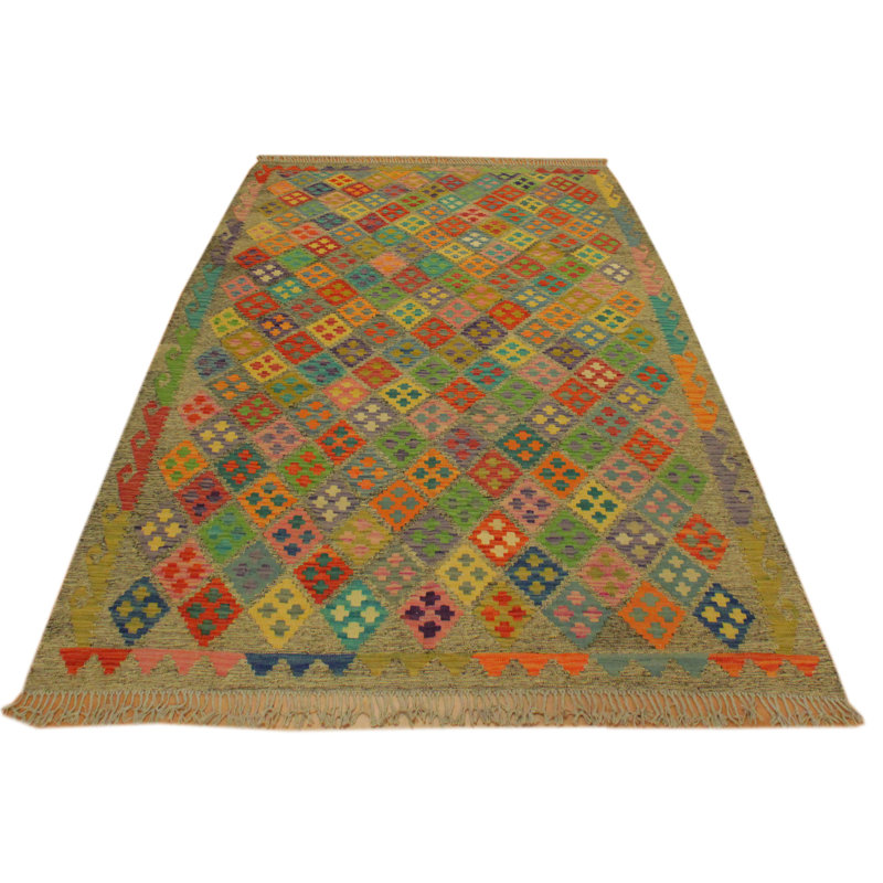 Tapis en laine vert/orange en laine fait main kilim one-of-kind Sinclair