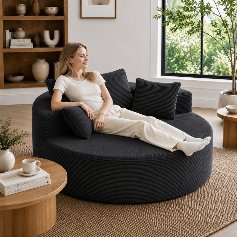 Méridienne de 55,5 po en velours côtelé rond avec coussins, canapé surdimensionné pour salon et chambre à coucher, Noir