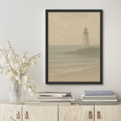 Reproduction d'art murale encadrée - phare dans la brume, art minimaliste côtier, parfait pour les maisons de plage ou les salons
