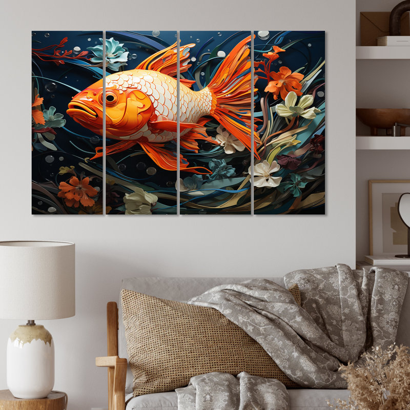 Geometric Orange Fish Canvas Art Set with Wood Frame