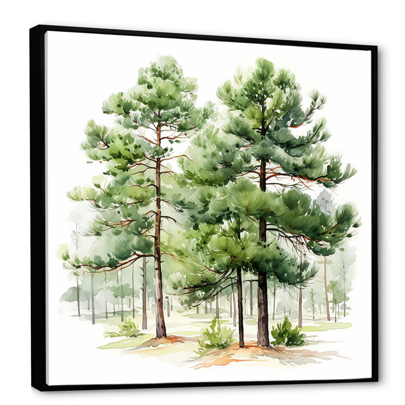 Aquarelle, pin vert, forêt, art mural, H 16 po x l 16 po, Noir