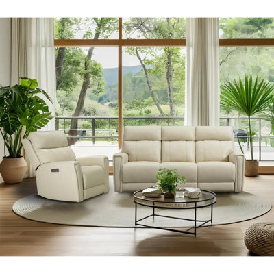 Un ensemble de canapés inclinables en cuir fleur double haut de gamme, un fauteuil inclinable et un canapé 3 places avec gravité zéro, appui-tête électrique et charge USB