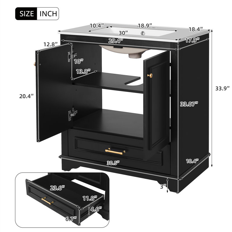30" Freestanding Single Vanity with Ceramic Sink Top, Soft-Close Doors and Drawers, Black