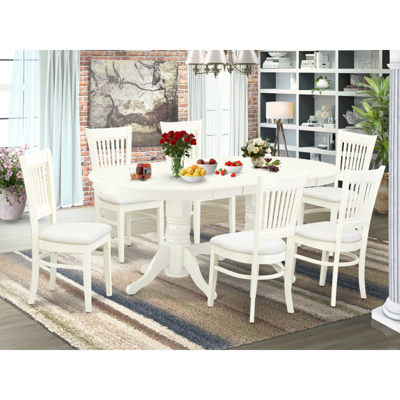 7 Piece Modern Dining Table Set Consist of an Oval Wooden Table with Butterfly Leaf and 6 Linen Fabric Dining Chairs, Linen White
