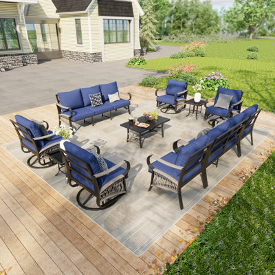 11 Pieces Modern Metal Patio Furniture Set With Coffee Table, Outdoor Modular Sectional Conversation Set With Swivel Rockers For Backyard, Blue Cushion