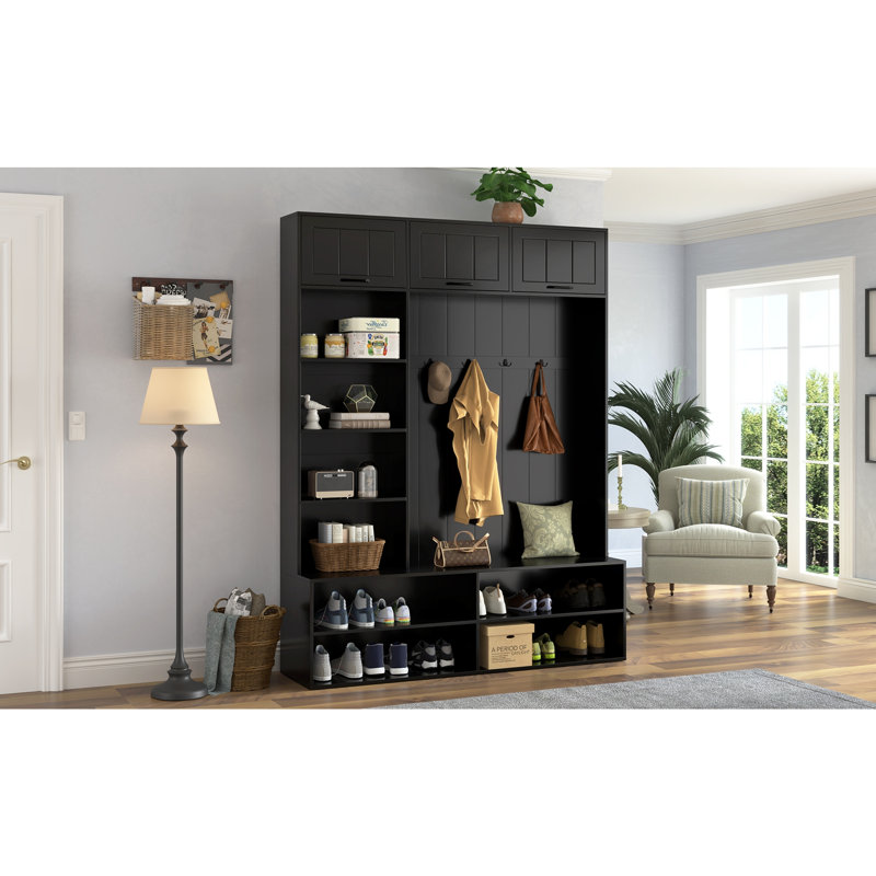 Arbre d'entrée 76,9 po avec banc et rangement pour chaussures, banc d'entrée 5 en 1 avec portemanteau, Black
