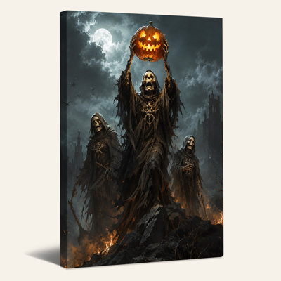 Three Skeletons Holding Glowing Pumpkin Under Halloween Canvas Wall Art