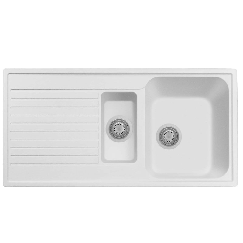 Belfry Kitchen Childers 500mm W Double Bowl Granite Kitchen Sink with 2 Faucet Holes, White Milk