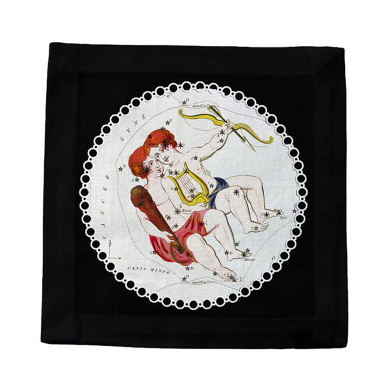 Zodiac Gemini Cotton Sateen Cocktail Napkins, Black