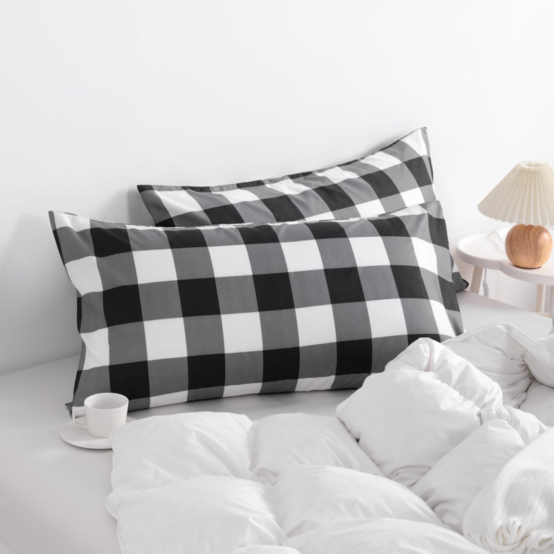 Taies d'oreiller à fermeture en microfibre, Noir / blanc carreauté