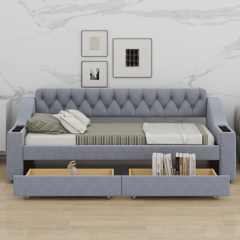Lit de jour rembourré avec accoudoirs de rangement et port USB, Gris