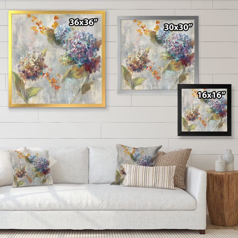 Automne hortensia - reproduction de cadre photo sur toile, Cadre doré, H 30 po x l 30 po x P 1 po