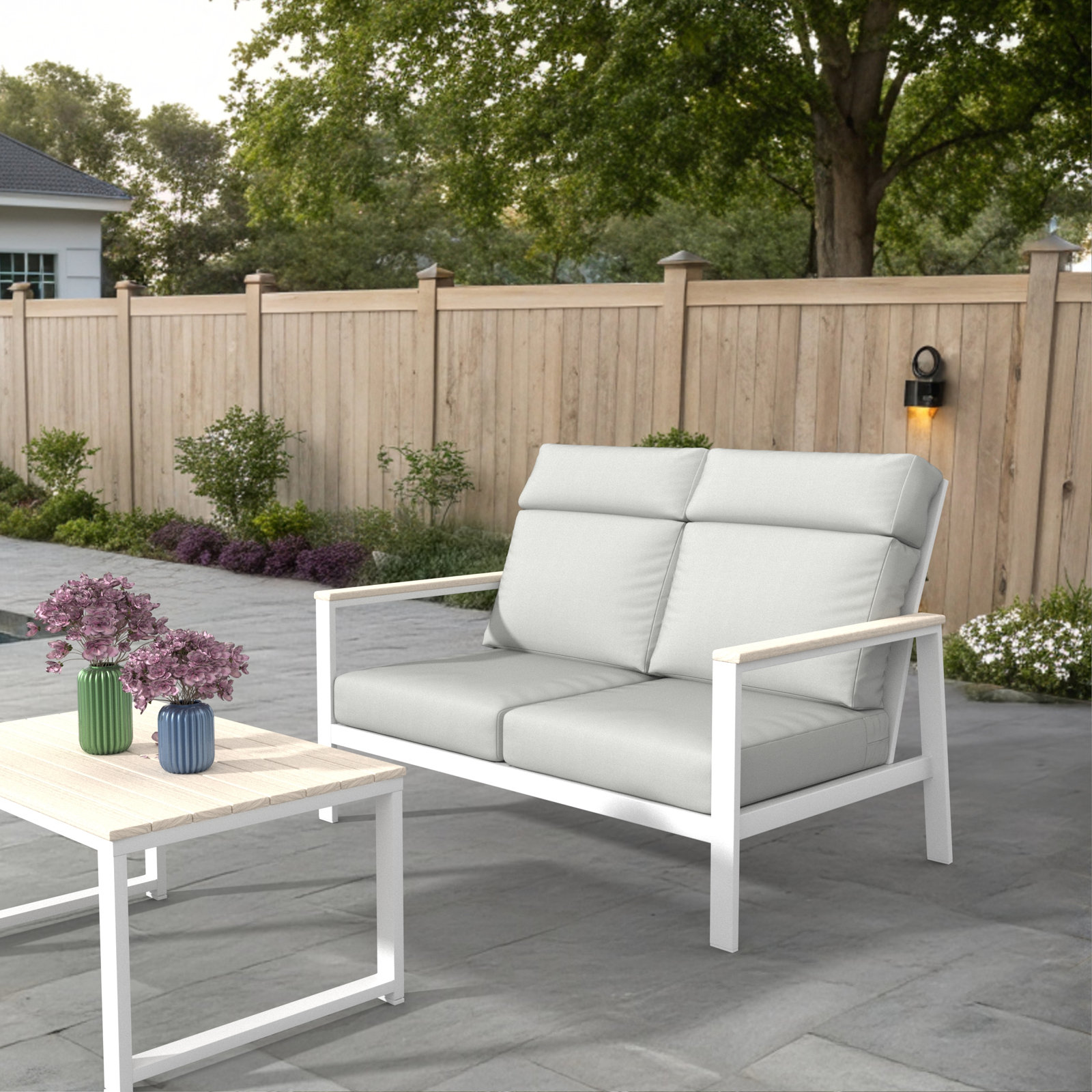 Townsend Metal Outdoor Loveseat With Sunbrella Cushion, Canvas White, White