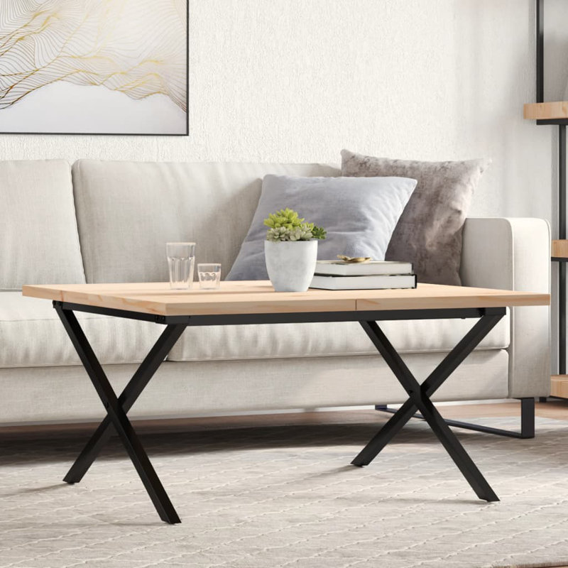 vidaXL Coffee Table X-Frame Solid Wood Pine and Steel, 45.5cm H x 90cm L x 90cm W