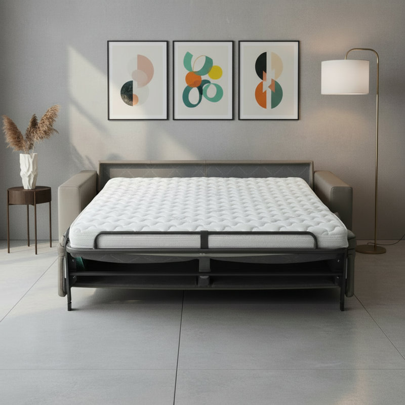 Anastasia 81" Genuine Italian Top Grain Leather Queen Square Arm Sleeper Sofa Bed with Memory Foam Mattress