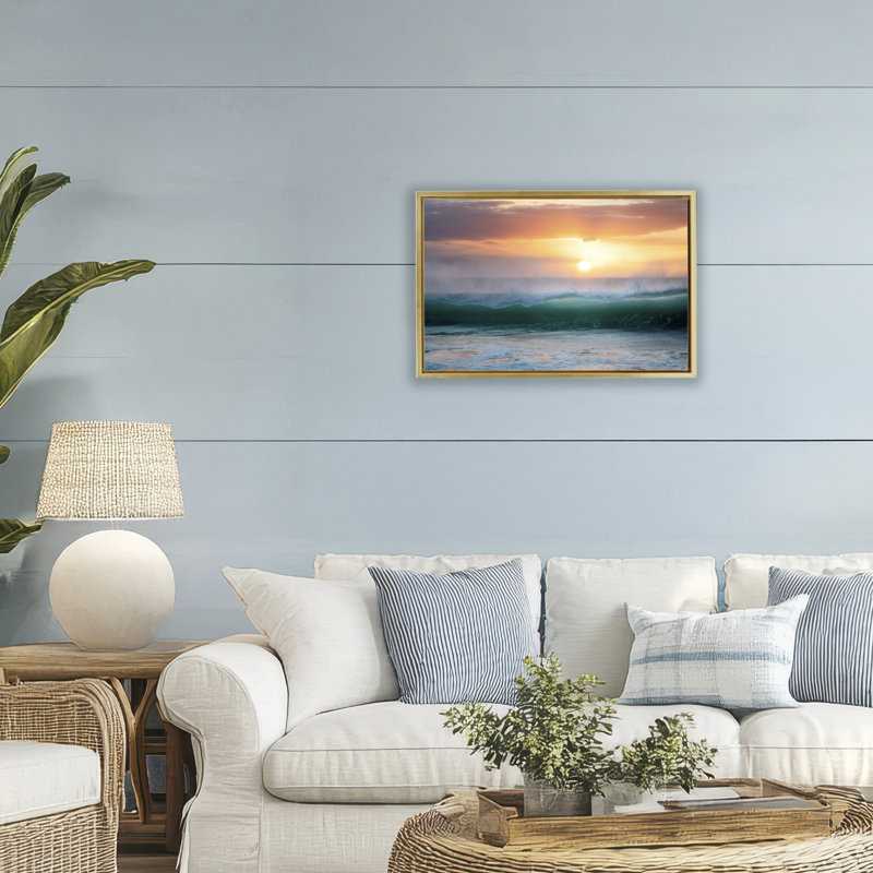 Cadre flottant Sunset & Waves View, design par Dennis Frates, H 17 po x l 25 po, Cadre flottant métallique doré