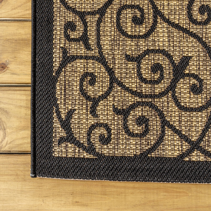 Haggerty Vintage Filigree Textured Weave Black/Khaki Indoor/Outdoor Rug, Runner 2'2" x 8'