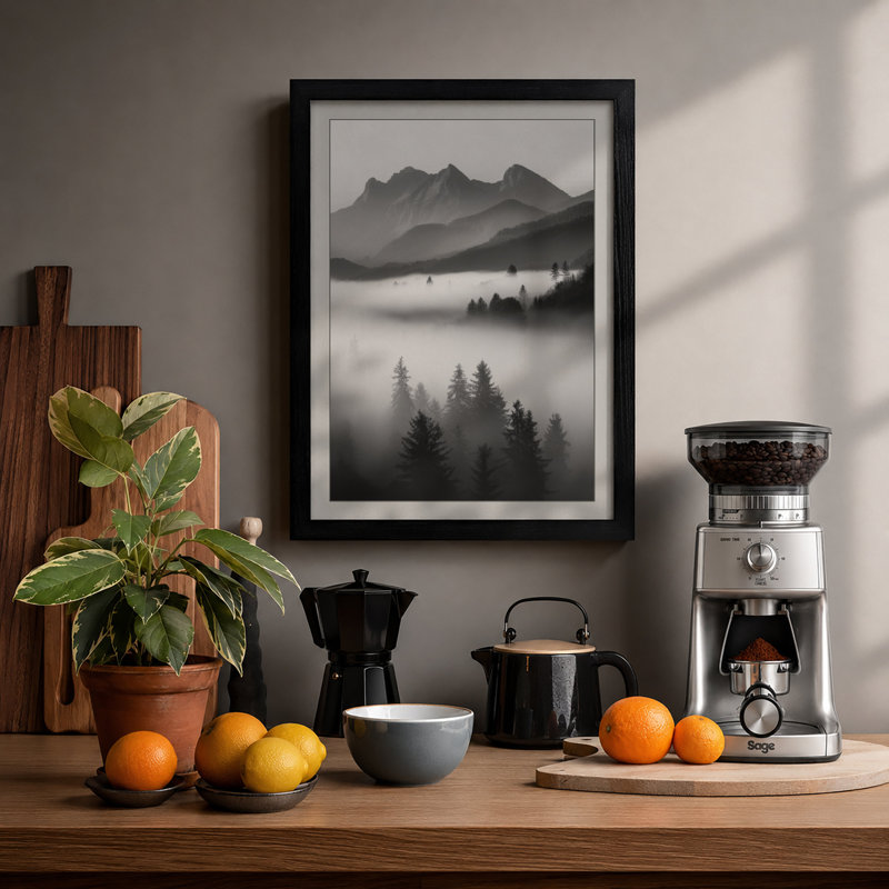 Mountains in Mist Scandinavian - Framed Print, A4 - 29.7 x 21.0 cm, Black