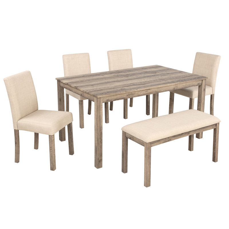 6-Piece Dining Table Set with 4 Upholstered Chairs and a Bench