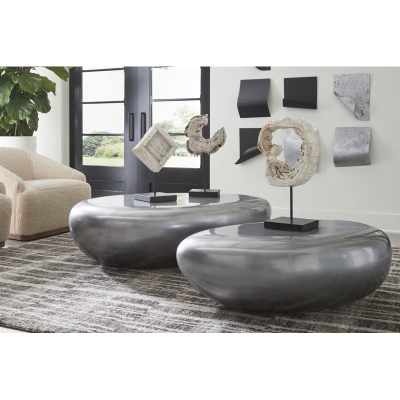 River Stone Solid Coffee Table, 14" H x 42" L x 26" W, Polished Aluminum