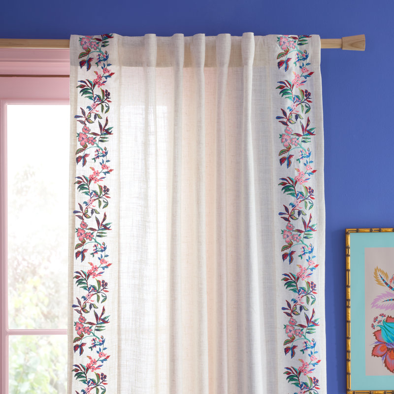 Flourish Floral Embroidered Tab Top Voile Curtain Panel, 140x137 cm