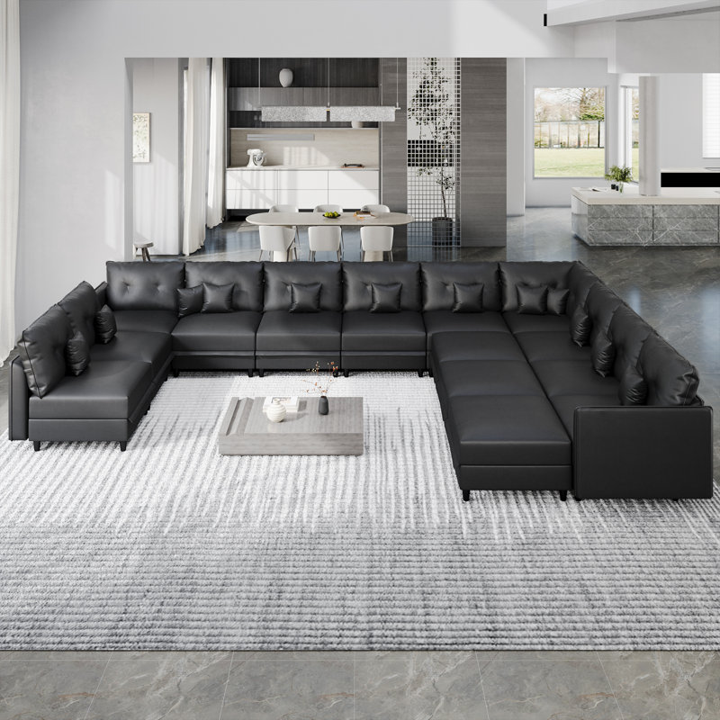 Zendajas Upholstered U-Shaped Sectional, Black Faux Leather