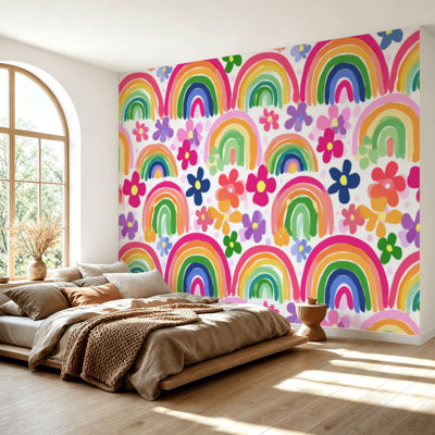 Wall Mural Peel and Stick Wallpaper Boho baby summer whimsical rainbow seamless Modern Self-Adhesive Removable Contact Paper Wall Decor for Living Room Bedroom 69"H x 96"W
