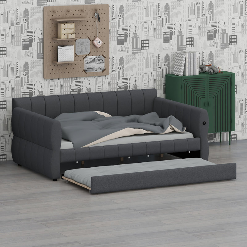 Lit tapissier moderne avec port USB intégré et lit gigogne caché, Gris
