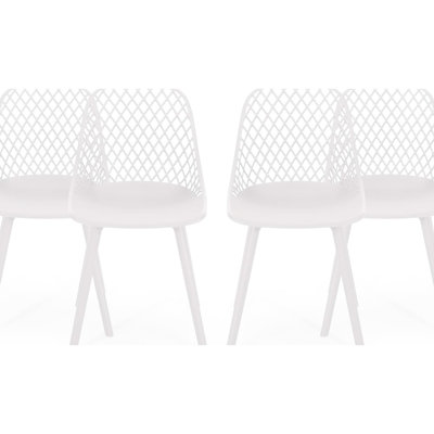 Chaise Lily pour 4 personnes, assise en polypropylène blanc, résistante aux intempéries, 18 po de profondeur, 21,5 largeur, 33,2 hauteur, 9,7 lb, look moderne et élégant pour 4 personnes, profondeur en pouces, largeur, hauteur, poids lourd, maille losangée
