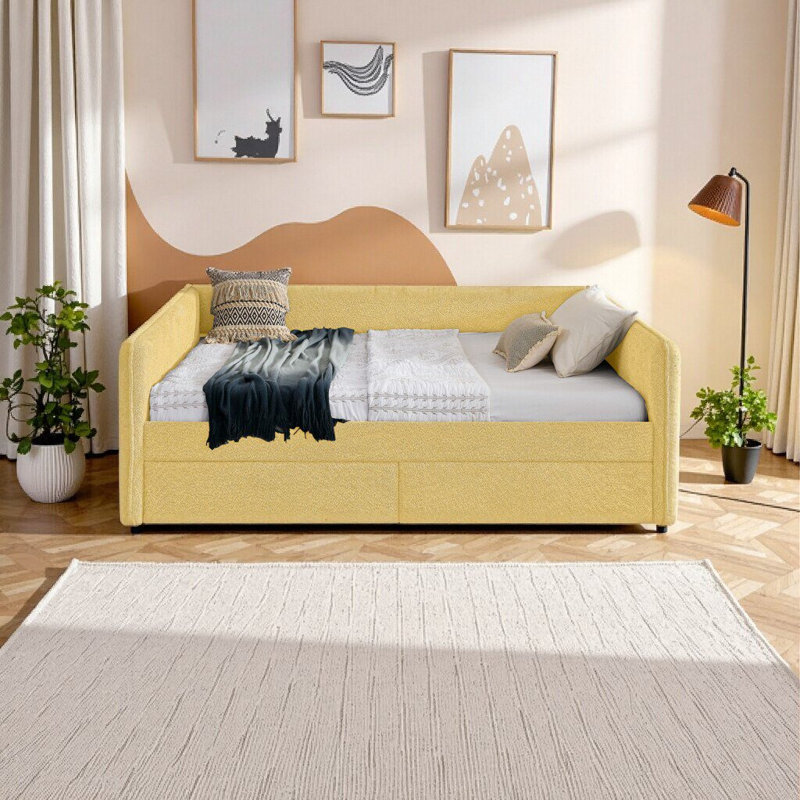 Grand lit de jour Boucle avec tiroirs - Canapé-lit élégant pour la chambre à coucher, la chambre d'amis ou le bureau, Jaune