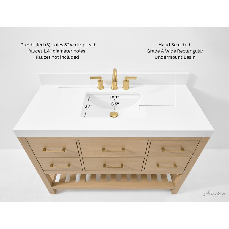 Elizabeth 48'' W Single Vanity, Pure White Quartz, Oak/Rose Gold