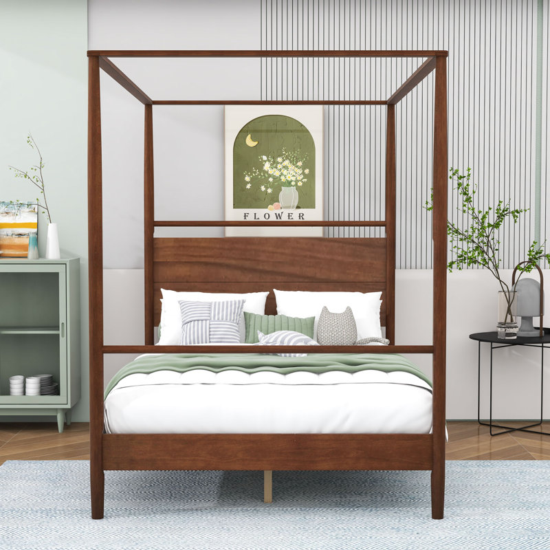 Lit plateforme à baldaquin en bois avec tête de lit, Double