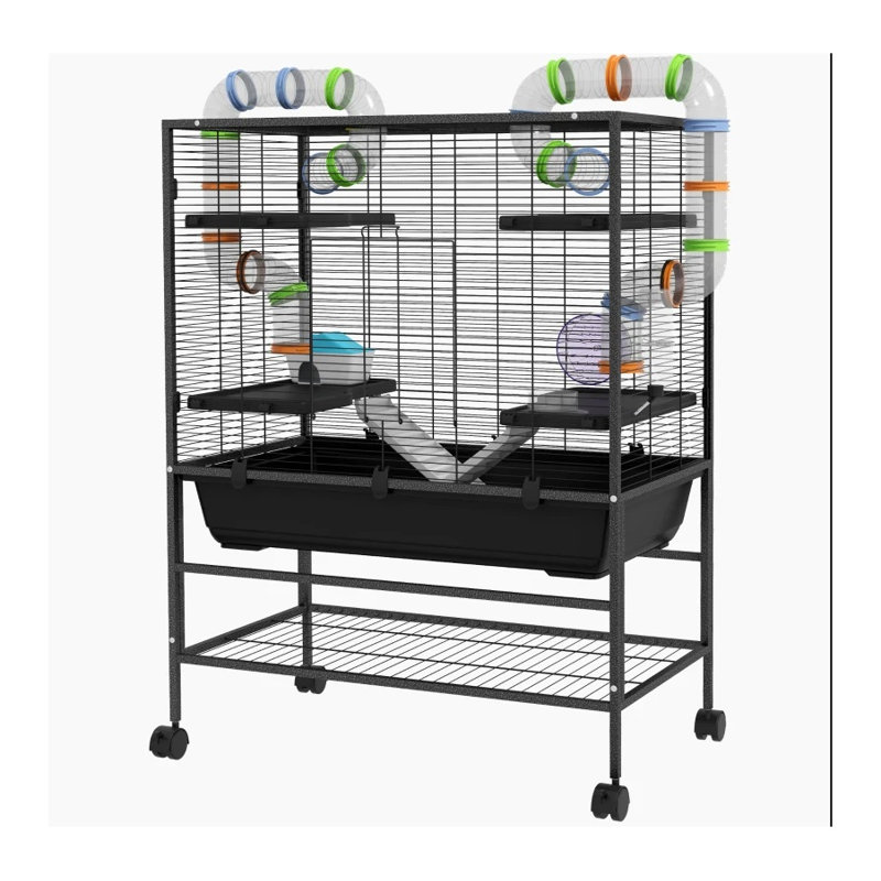 Cage à 42 niveaux à 42 niveaux pour petits animaux avec système de tubes, 4 plateformes, roue et cabane pour hamsters, gerbilles - acier et plastique noir