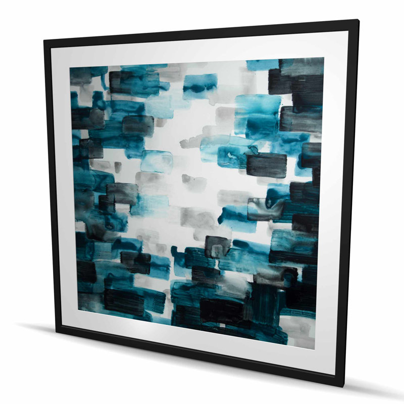 Carrés turquoise et gris | Gris, reproduction d'art encadrée abstraite, H 48 po x l 48 po, Noir