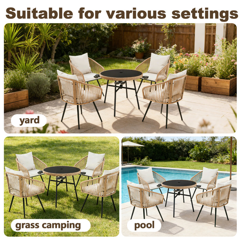 Ensembles de salle à manger de patio compacts, style moderne en métal rotin pour piscine