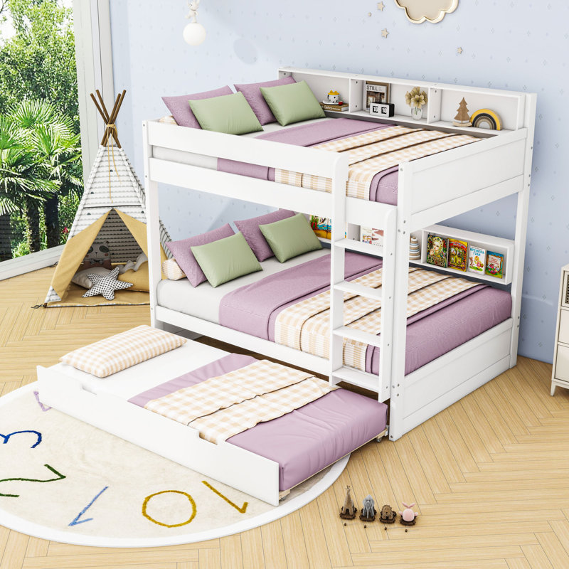 Lit superposé élégant en bois avec tablettes de rangement intégrées et lit gigogne escamotable, Double sur double, Blanc