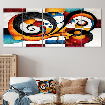 Whirling Swirls Retro Red and Blue I - Abstract Spirals Wall Art For Living Room 5 pièces