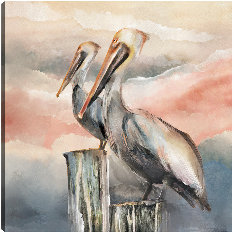 Pelicans at Dusk Large Gray and Pink Canvas Art Print