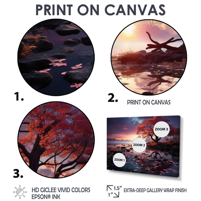 Arbre rouge, soirée enchantée au-dessus du lac - impression d'art mural lac, Toile tendue, H 30 po x l 40 po x P 1,5 po