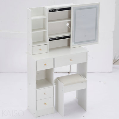 29.2" Small Size Drawer Desktop Vanity Table + Cushioned Stool, 2 Ac+2 Usb Power Station, Hair Dryer Bracket, Extra Large Touch Control Sliding Led Mirror, 3-Color Switching